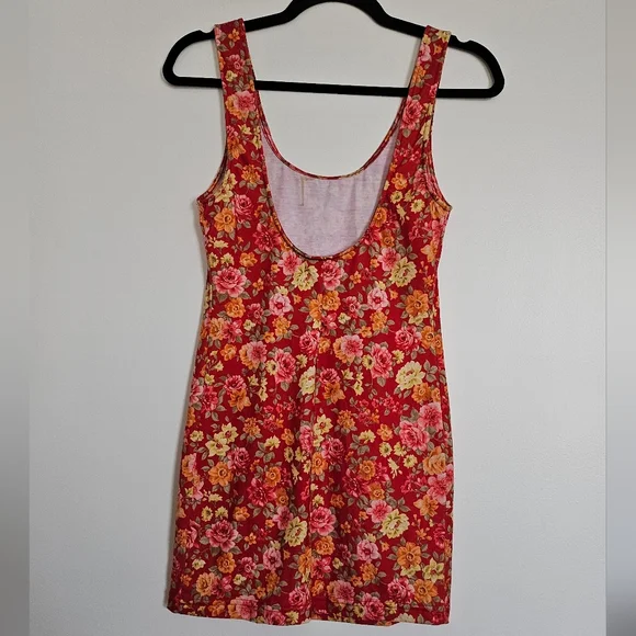 Free People Intimately Red Bodycon Tank Dress Pink Orange Yellow Floral Print - Picture 4 of 4